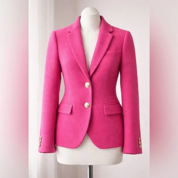 J.Crew Hot Pink Schoolboy Preppy Tweed Blazer Gold Crest Buttons Sz 6 NEW $218 - Picture 2 of 7